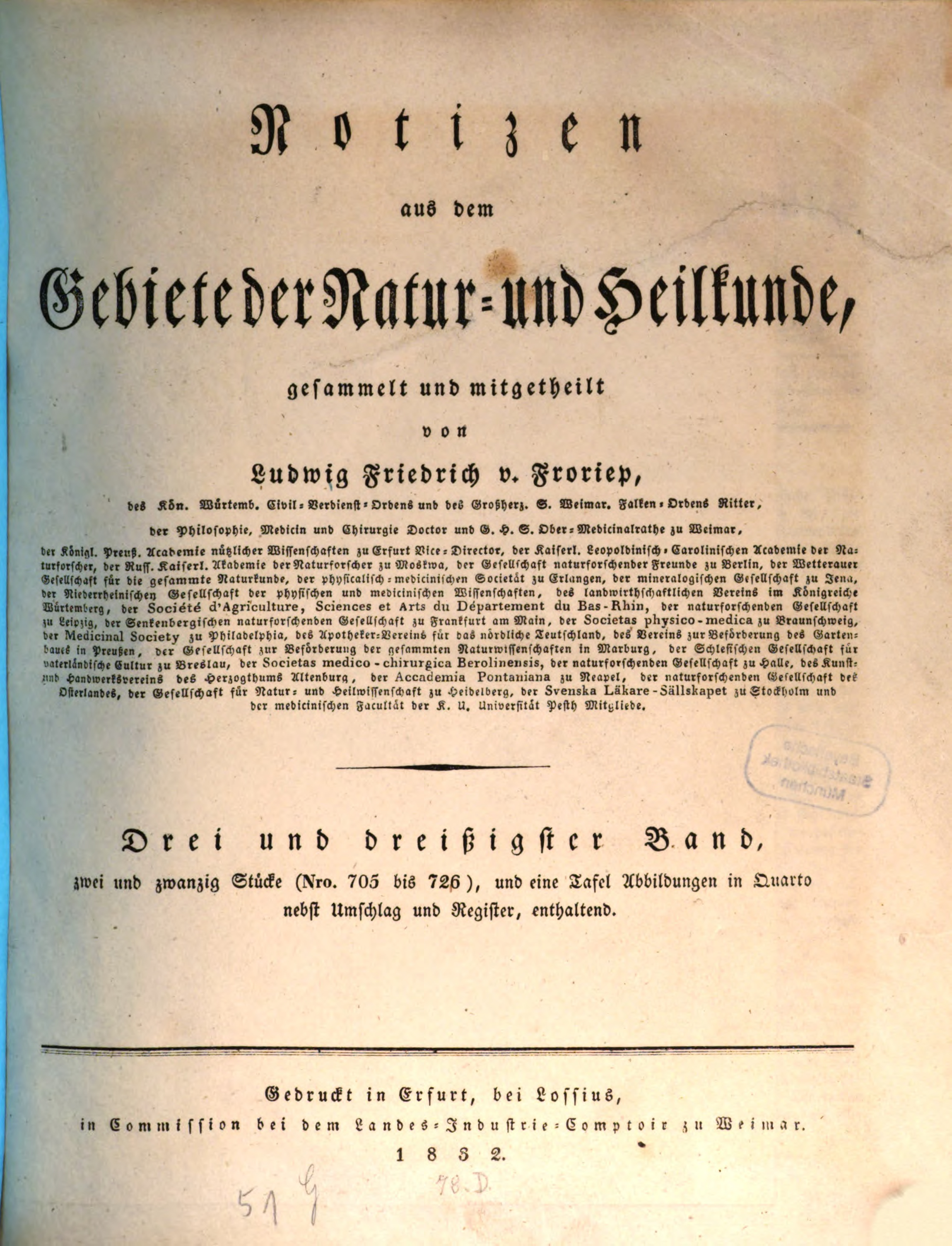 Froriep, Notizen aus dem Gebiete der Natur- und Heilkunde, 1832.